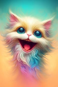 A vertical portrait of a laughing cat in a whimsical artistic style.