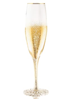 Baccarat Chateau Champagne glass, luxurious crystal flute, gently tapered silhouette, shimmering golden champagne.