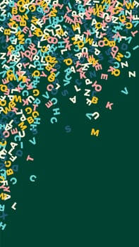 Flying latin letters. Colorful childish scattered charachters of English alphabet. Foreign languages study concept. Back to school banner .
