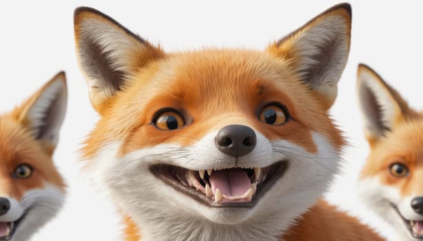 Three foxes, two with only their ears and eyes peeking into the frame, while the central fox has its whole face clearly visible, displaying a wide, toothy grin. They appear to be delighted, with their expressions exuding joy and playfulness.