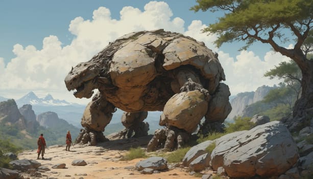 Two figures stand on a dirt path in front of a massive stone colossus, dwarfed by its size. They appear to be observing the ancient creature with a mixture of awe and trepidation, as if they are aware of its immense power. The background is filled with rugged mountains, a hint of snow in the distance, and a bright blue sky dotted with fluffy clouds.