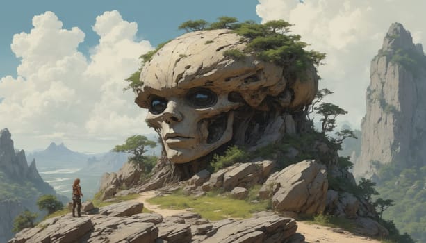 Two figures, one standing and one sitting, stand near the edge of a cliff, gazing at a massive stone giant that sits perched atop the mountain. The giant's gaze is directed towards a valley in the distance, where a vast expanse of rolling hills and greenery unfolds. The air is thick with a light mist, giving the scene an ethereal quality.