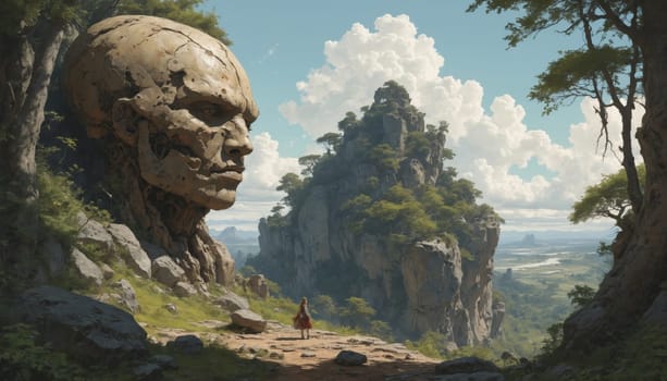 Two figures, one standing and one sitting, stand near the edge of a cliff, gazing at a massive stone giant that sits perched atop the mountain. The giant's gaze is directed towards a valley in the distance, where a vast expanse of rolling hills and greenery unfolds. The air is thick with a light mist, giving the scene an ethereal quality.