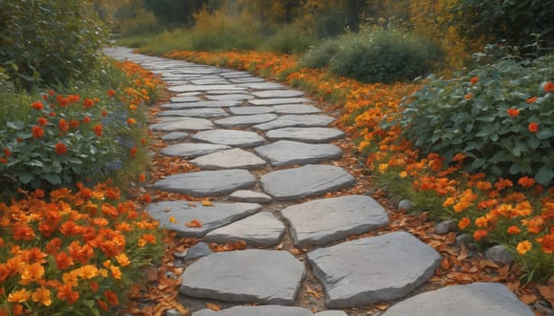 A stone path winds its way through a garden, lined with vibrant orange and yellow flowers. Fallen leaves blanket the ground, adding to the autumnal ambiance.