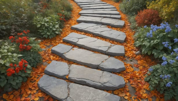 A stone path winds through a lush garden, its steps covered in a carpet of fallen leaves. The path leads to an unknown destination, inviting exploration and discovery. The vibrant colors of the leaves create a sense of warmth and tranquility, inviting the viewer to imagine a peaceful stroll through the serene landscape.
