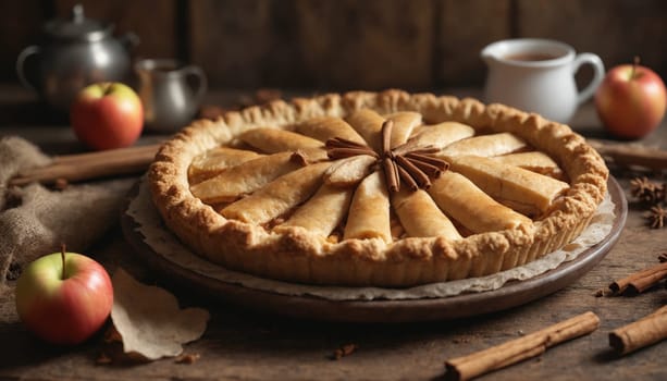 A freshly baked apple pie with a golden, flaky crust sits on a wooden table, surrounded by cinnamon sticks, star anise, and apples. The pie is adorned with a decorative arrangement of cinnamon sticks on top, and a warm, inviting light illuminates the scene.