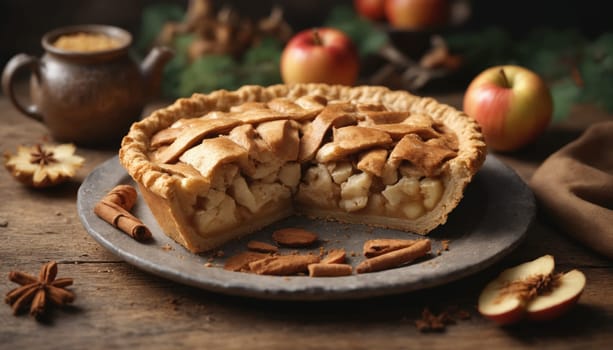 A freshly baked apple pie, sliced open and ready to be enjoyed, sits on a rustic wooden table with cinnamon sticks, star anise, and apples.