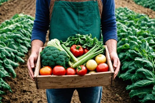 A person lovingly holds a wooden crate brimming with a variety of fresh vegetables, symbolizing the richness of harvest time in a lush field or garden, with rows of crops in the background.