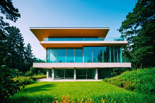 A minimalist glass house with large windows, situated in a picturesque forest with yellow flowers in the foreground.
