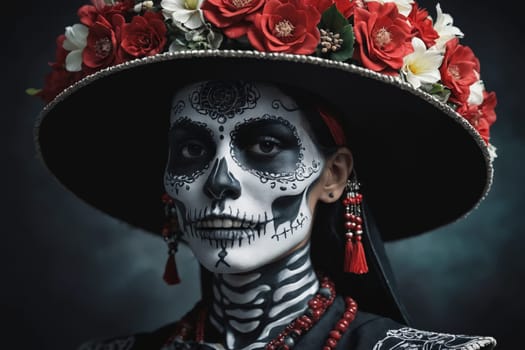 A close-up shot of a woman with a sugar skull makeup design, adorned with red roses and a black hat.