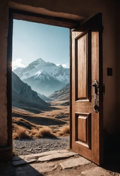 A majestic mountain landscape is perfectly framed by open wooden doors, showcasing the beauty of nature.