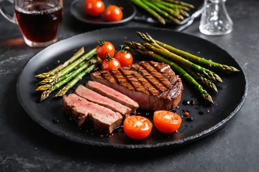A perfectly grilled steak with asparagus and cherry tomatoes, presented elegantly on a black plate.