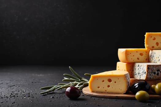 Assorted cheese slices with green and black olives, creating a delightful and appetizing presentation.
