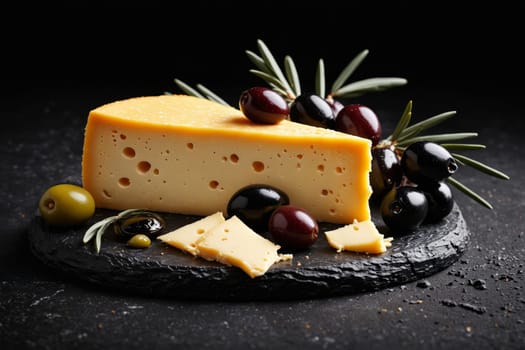 A wedge of cheese accompanied by black and green olives, garnished with rosemary on a dark surface.