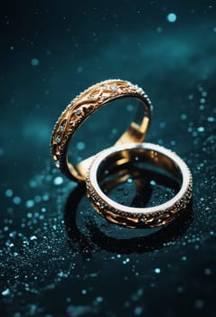 A pair of elegant gold wedding rings adorned with diamond accents, showcased against a reflective surface with artistic lighting.