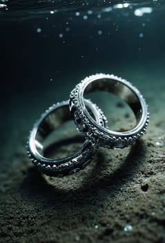 Elegant gold rings adorned with diamonds displayed underwater, creating a mesmerizing and unique presentation on a sandy seabed.