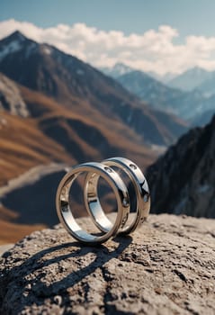Gold wedding rings, artistically displayed on a rocky surface, set against the majestic scenery of mountains, symbolizing love and commitment in nature.