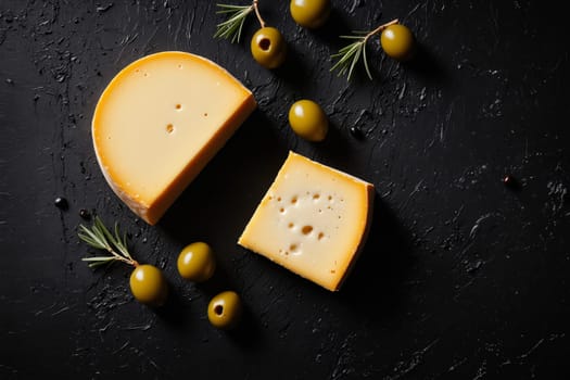 A gourmet cheese platter featuring a variety of olives, elegantly presented on a black slate.