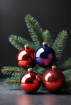 This image features a collection of Christmas ornaments, including two red and one blue, resting on a bed of fresh evergreen branches against a dark background. The ornaments are shiny and reflective, adding a touch of sparkle and holiday cheer to the scene.