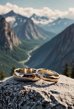 Luxurious gold rings showcased on a rock, with a breathtaking view of mountains in the background, highlighting their elegance and craftsmanship.