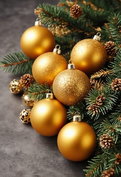 Six gold Christmas ornaments, each with a unique sheen, lay nestled amongst a bed of lush green evergreen branches. The ornaments are arranged in a semi-circle, with a few pine cones scattered amongst them. The background is a textured gray surface, suggesting a holiday tabletop.