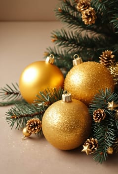 Three golden Christmas ornaments rest on a table, nestled among the green branches of a Christmas tree. The ornaments are smooth and shiny, reflecting the soft light of the holiday season.