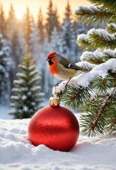 A red-breasted bird sits perched on a snow-covered pine branch in a winter forest setting. A bright red Christmas ornament lays in the foreground, partially obscured by the snow. The sunlight casts a warm glow through the trees, creating a magical winter scene.
