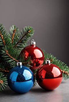 This image features a collection of Christmas ornaments, including two red and one blue, resting on a bed of fresh evergreen branches against a dark background. The ornaments are shiny and reflective, adding a touch of sparkle and holiday cheer to the scene.