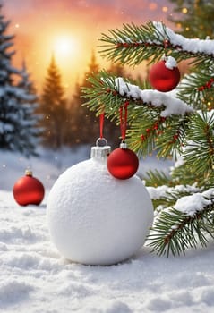 A white Christmas ornament sits nestled amongst the evergreen branches of a pine tree. The background shows a snowy forest with snow-covered trees and a bright, sunny sky.