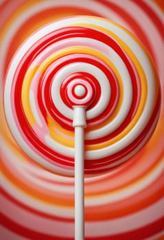 A vibrant lollipop with swirling red, yellow, and pink stripes sits atop a colorful, striped background. The lollipops stick protrudes downwards, creating a sense of depth and perspective. The colors and patterns create a playful and inviting atmosphere, evoking a sense of childhood joy and sweet indulgence.