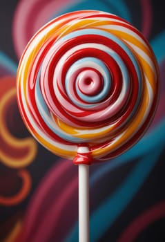 A close-up photograph showcasing a colorful lollipop with a red, white, blue, yellow, and pink swirl pattern. The lollipop is positioned against a backdrop of blurred, abstract swirls in a similar color scheme, creating a visually appealing and whimsical composition.
