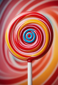 A close-up photograph showcasing a colorful lollipop with a red, white, blue, yellow, and pink swirl pattern. The lollipop is positioned against a backdrop of blurred, abstract swirls in a similar color scheme, creating a visually appealing and whimsical composition.