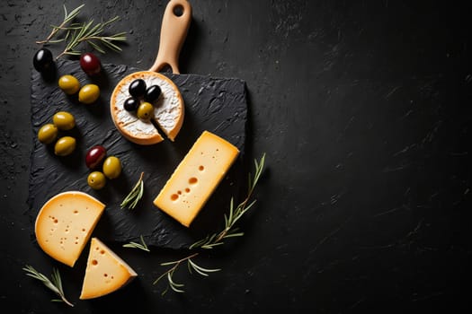 A gourmet cheese platter features creamy brie with a white rind, sharp cheddar with holes, and green olives, all arranged on a black slate board with rosemary sprigs.