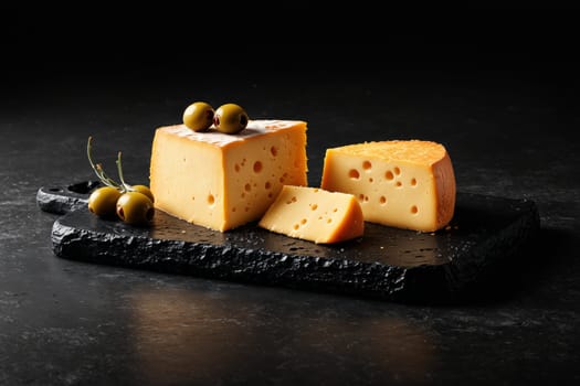 A close-up of a slice of Swiss cheese on a black slate cutting board. There are two other slices of cheese and three green olives on the board. The image is taken from a low angle, and the background is black.