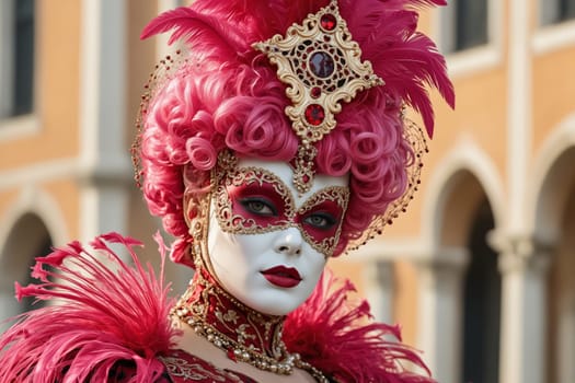 A woman wearing a traditional Venetian masquerade costume with a red and gold headdress and a jeweled eye mask looks directly at the camera during the Carnival season in Venice, Italy.