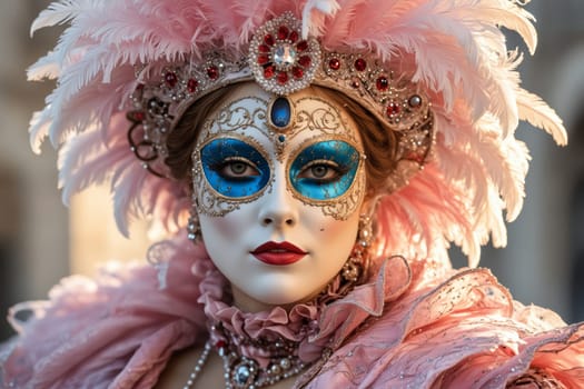 A woman dressed in a pink feathered masquerade costume with a detailed jeweled mask stands enigmatically in the middle of the frame. Her facial expression is captivating, suggesting a secret she is keeping.