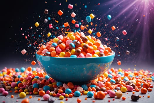 A white bowl overflowing with colorful candy, with more candy flying out of the bowl and scattering across a dark surface. The candy is a variety of shapes and sizes, and the colors are vibrant and cheerful.