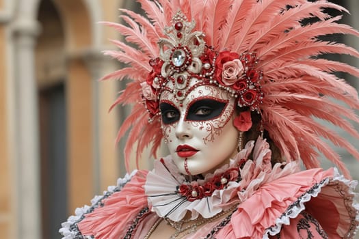 A close-up portrait of a masked figure at the Venetian Carnival, adorned with a feathered headdress, intricate jewelry, and a golden mask that conceals their identity. The vibrant colors and elaborate details of the costume create a captivating scene.