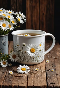 A rustic scene featuring a white mug filled with chamomile tea, surrounded by delicate daisies. The mug sits on a weathered wooden table, with a bouquet of chamomile flowers in a gray vase nearby. The image captures the simplicity and tranquility of a morning tea ritual.