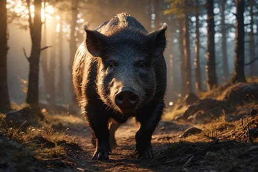 A wild boar walks confidently down a forest path bathed in the soft golden light of dawn. The boar is in focus and fills the foreground, while the background is a blurry forest scene with tall trees and morning mist.