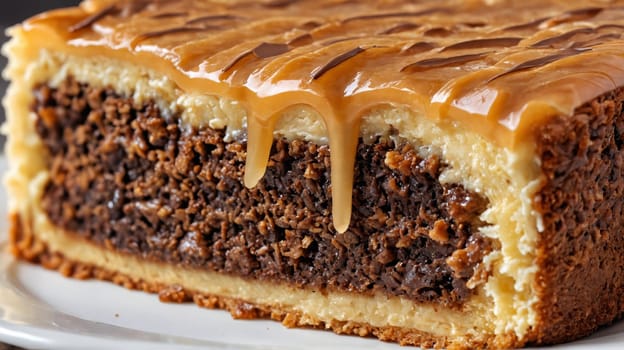 A close-up shot of a delicious slice of chocolate brownie cheesecake topped with a generous layer of rich caramel sauce and toasted coconut. The cheesecake is cut and served on a white plate, showcasing its layered goodness. The caramel sauce drizzles down the side, adding a touch of sweetness and indulgence.