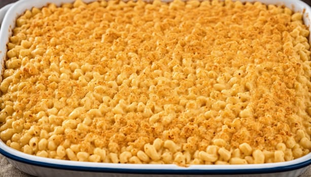 A close-up view of a casserole dish filled with macaroni and cheese, topped with a golden brown, crispy crust.