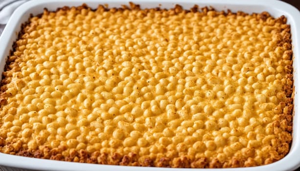 A close-up shot of a baked macaroni and cheese pie, with a golden brown crust and a creamy, cheesy filling. The pie is in a white baking dish, ready to be served.
