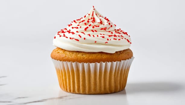 A single vanilla cupcake with a white frosting and red sprinkles sits on a white marble countertop. The cupcake is perfectly centered in the frame. The background is a plain white surface.