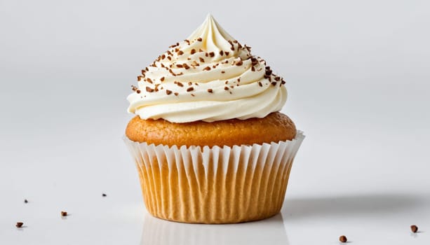 A single vanilla cupcake with a swirl of white frosting and chocolate sprinkles on top sits on a white background. The cupcake is in focus and the background is blurred.