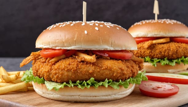 A close-up shot of a crispy fried chicken sandwich with red onion and lettuce, served on a soft bun with a side of golden French fries. The sandwich is placed on a brown paper liner, and the fries are piled high next to it. The background is a blurred image of a wooden table.
