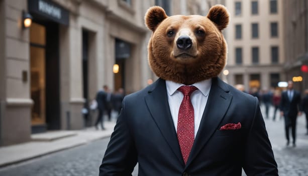 A bear wearing a black suit and a red tie walks confidently down a city street. The bears fur is brown and his eyes are dark. The background is blurred, showing other people walking by and buildings in the distance.