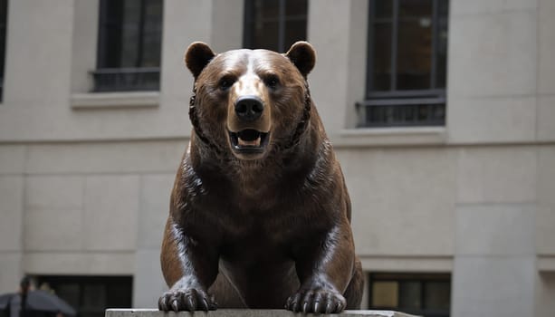 A close-up photograph of a bronze bear statue, positioned on a low ledge in front of a building. The bears face is facing the camera, displaying a confident and alert expression. The statues intricate details are visible, including the textured fur and the sharp claws. The building behind the bear features large windows and a minimalist facade, hinting at a modern urban environment.