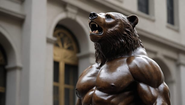 A close-up view of the bronze bear statue in the Financial District of New York City. The statue is a popular tourist attraction and a symbol of the citys financial power. The bear is depicted in a strong and muscular pose, standing tall against the backdrop of the citys skyscrapers.