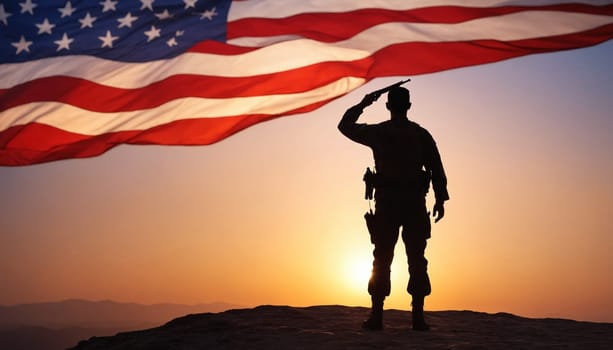 A silhouetted soldier stands at attention, saluting the American flag waving in the wind against a backdrop of a colorful sunset.